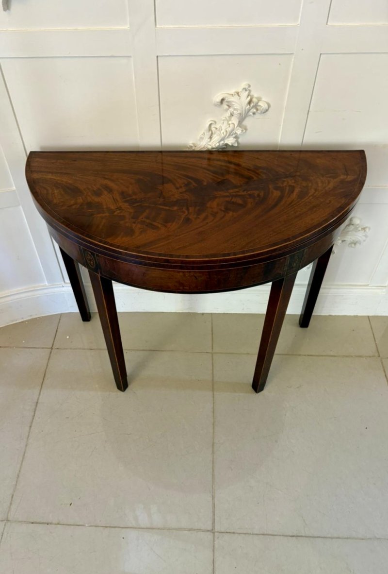 Antique George III Quality Mahogany Inlaid Demi Lune Shaped Card/Console Table - Image 11